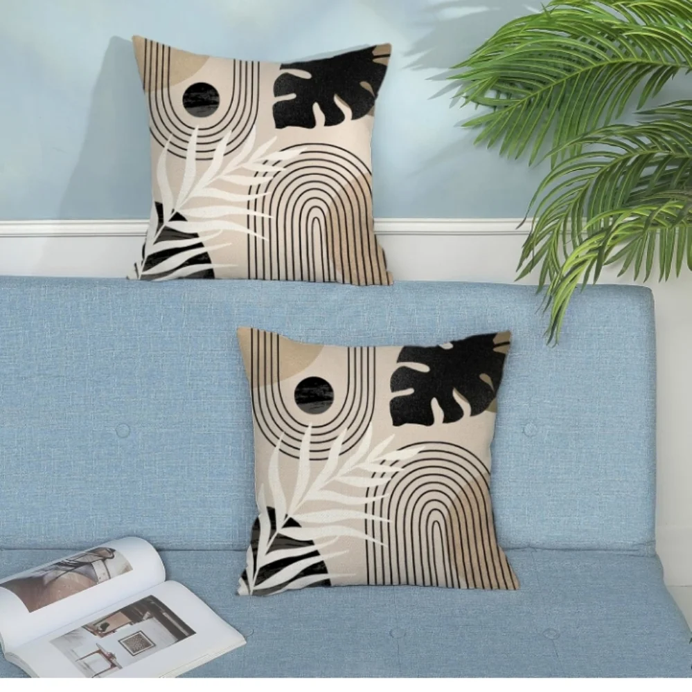 Boho Pillow Covers 18x18‎ Set of 2 Mid Century Black Beige Tropical Leaf